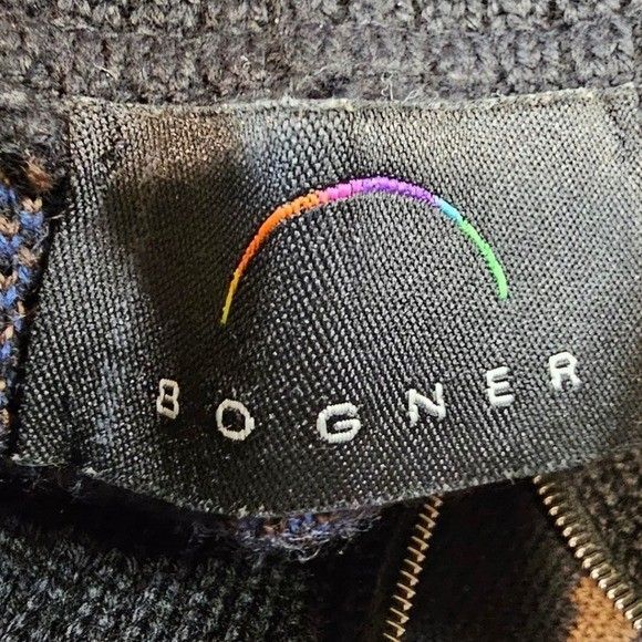 Bogner Mens M Vintage Wool Blend Black Blue Brown Embroidered Neck Zip Sweater - Picture 12 of 14